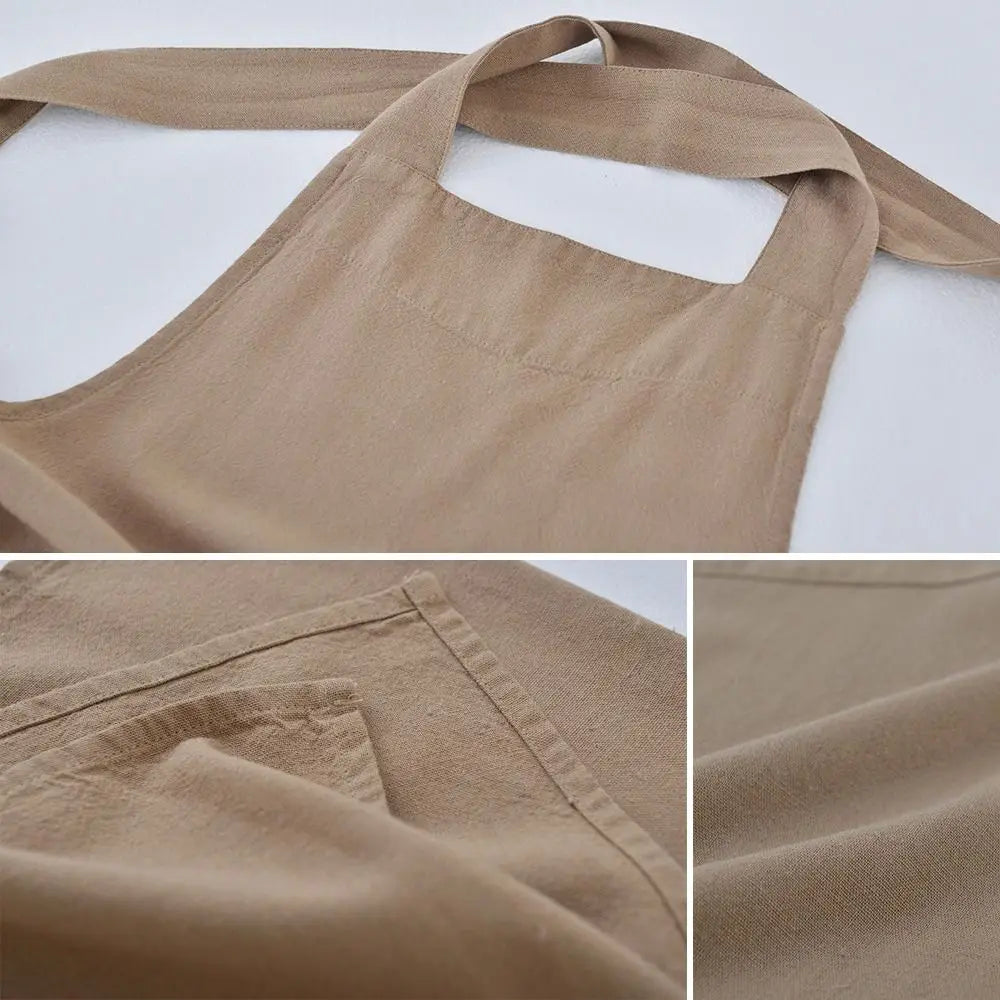 Cotton Linen Kitchen Apron Big Size With Pockets Pinafore Dress Adjustable Straps Japanese Style Cross Back Apron